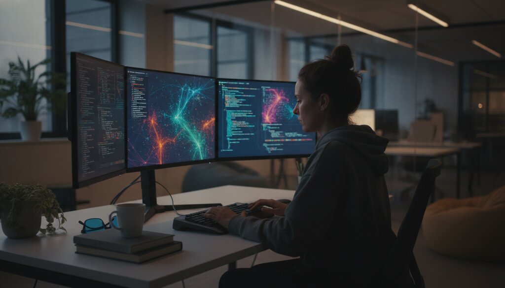 Onderzoeker werkt s avonds aan meerdere beeldschermen met code en data