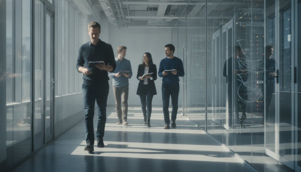 Onderzoekers lopen door de gang van een AI-onderzoekslab met glazen wanden