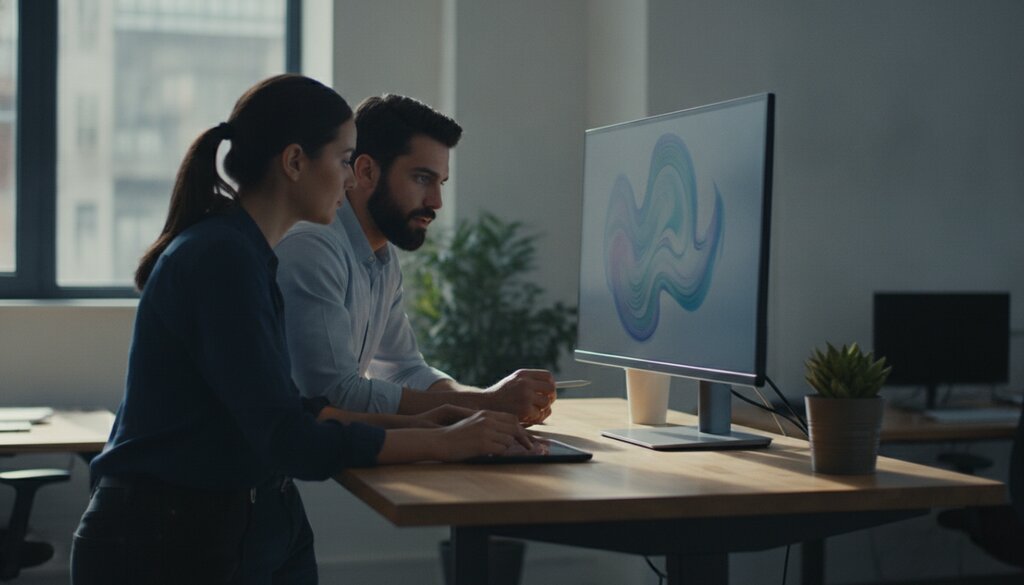 Twee ingenieurs overleggen bij een monitor met abstracte datavisualisatie