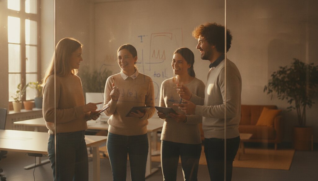 Ontwikkelaars overleggen rond een glazen whiteboard in een licht kantoor