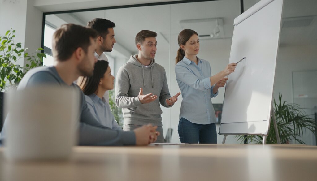 Team softwareontwikkelaars overlegt bij een whiteboard in een licht kantoor