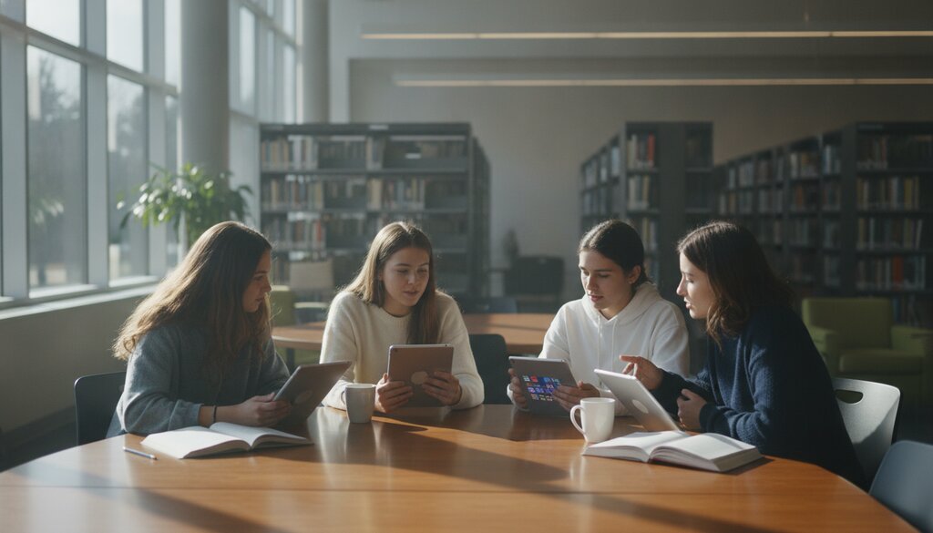 Middelbare scholieren werken samen met tablets in een schoolbibliotheek