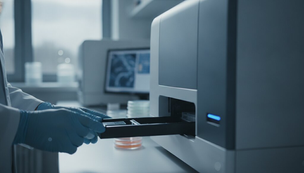 Laborant plaatst een glazen coupe in een digitale scanner in een pathologielab