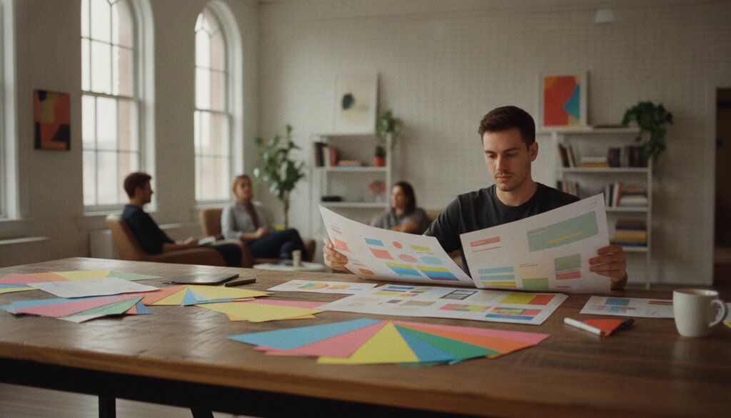 Ontwerper bekijkt geprinte advertentielayouts op een houten werktafel in een creatief bureau