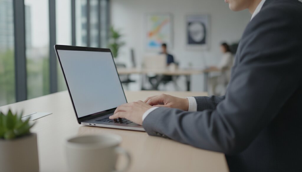 Professional werkt op een laptop in een licht kantoor