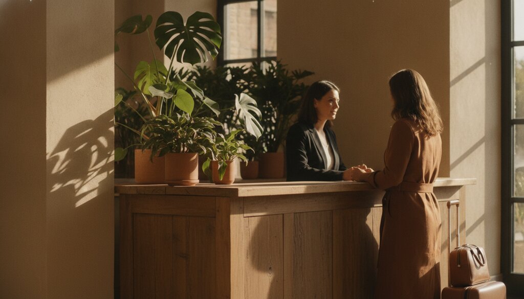 Gast checkt in bij de balie van een hotel met houten receptie en planten