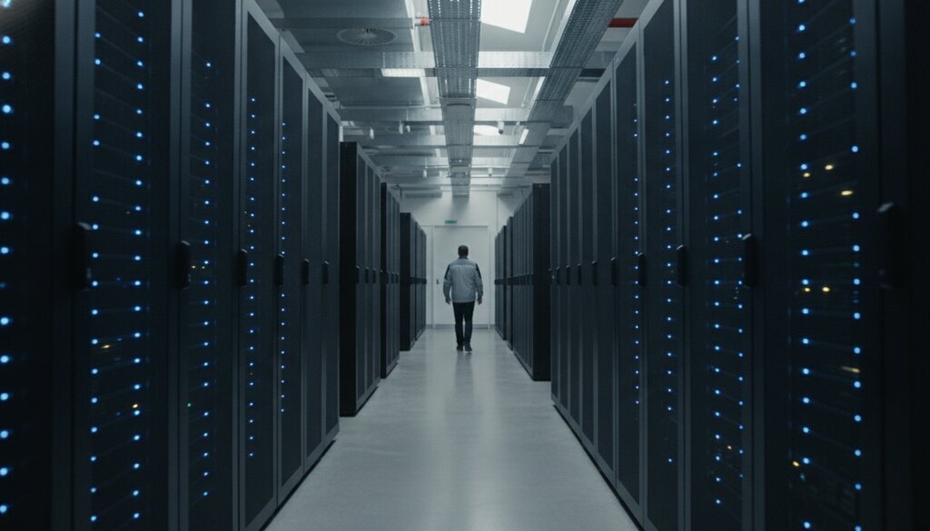 Gang met serverracks in een datacenter, technicus loopt weg van de camera