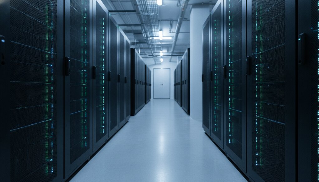Gangpad in een rekencentrum met rijen serverracks in koel licht