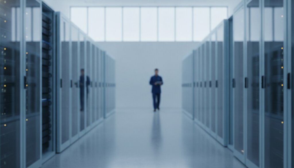 Gang met serverracks in een modern datacenter, technicus loopt weg in de verte