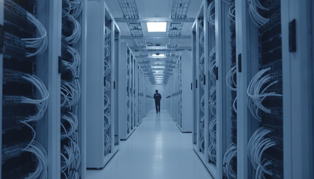 Serverrijen in een datacenter met blauw licht