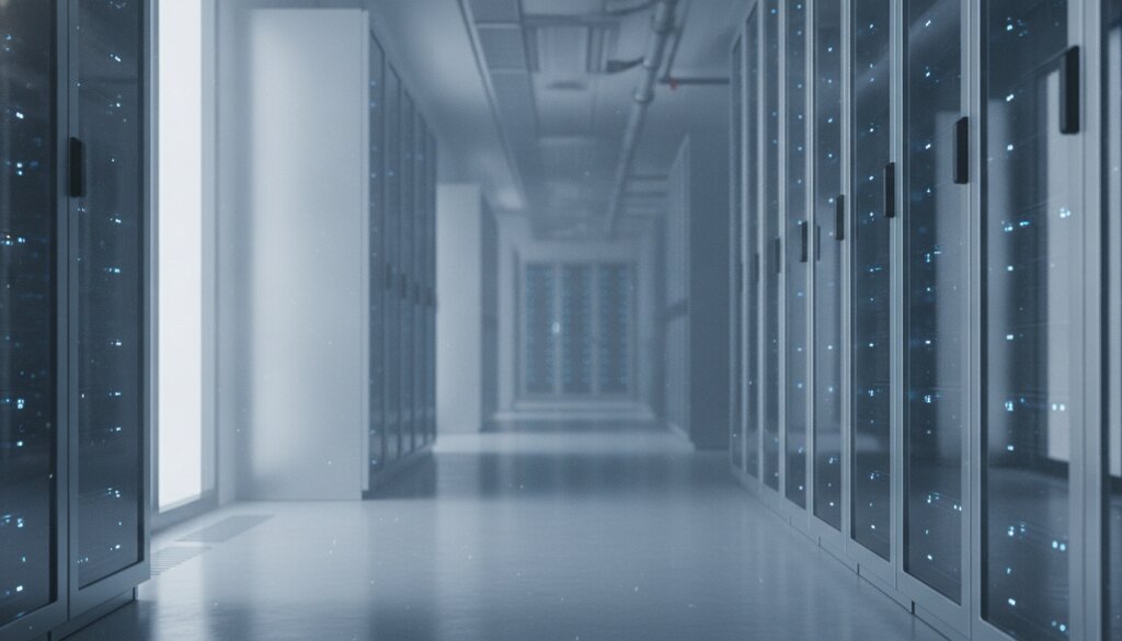 Serverruimte in een datacenter met rijen racks en blauwe verlichting
