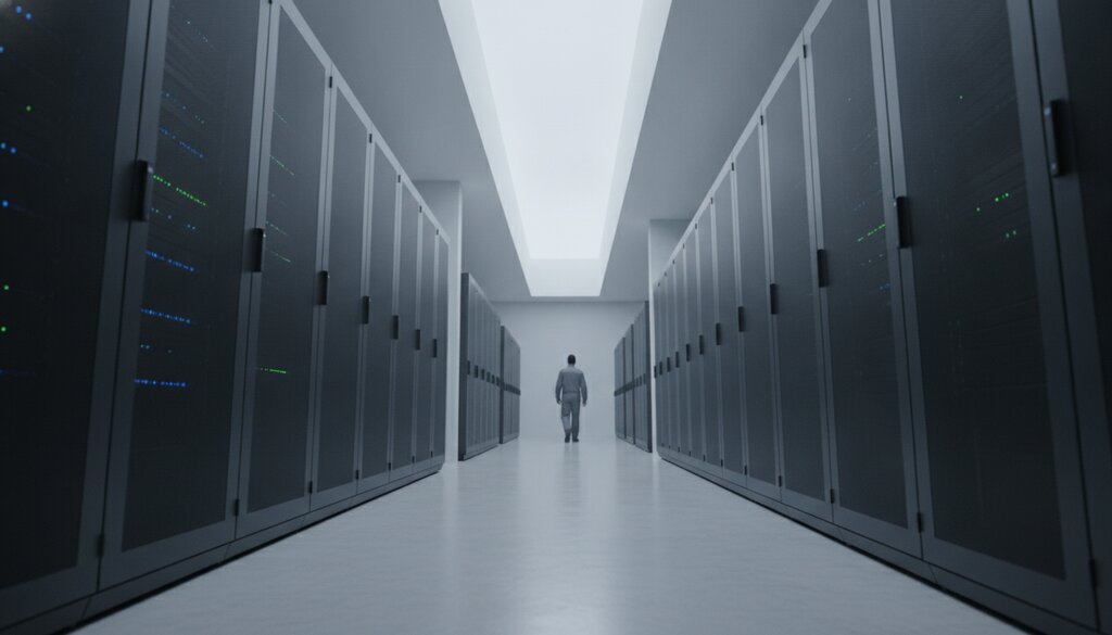 Gangpad in een datacenter met rijen serverracks in daglicht