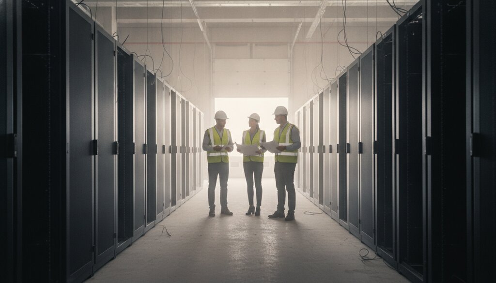 Technici inspecteren serverracks in een datacenter in aanbouw