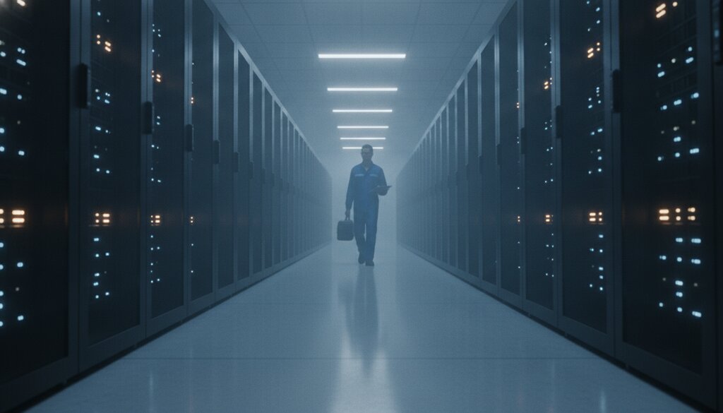 Technicus loopt door een gang met serverkasten in een datacenter