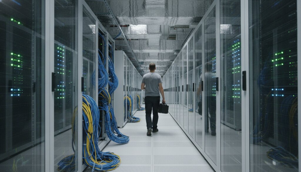 Technicus loopt door een gang met serverkasten en netwerkkabels in een datacenter