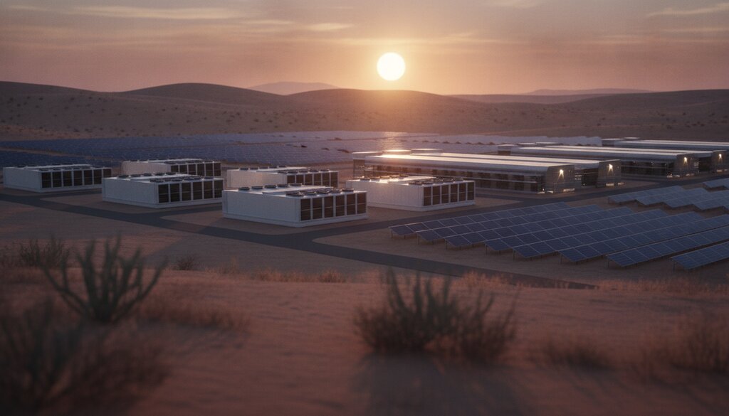 Datacentercomplex met koelinstallaties en zonnepanelen in de woestijn bij zonsopgang
