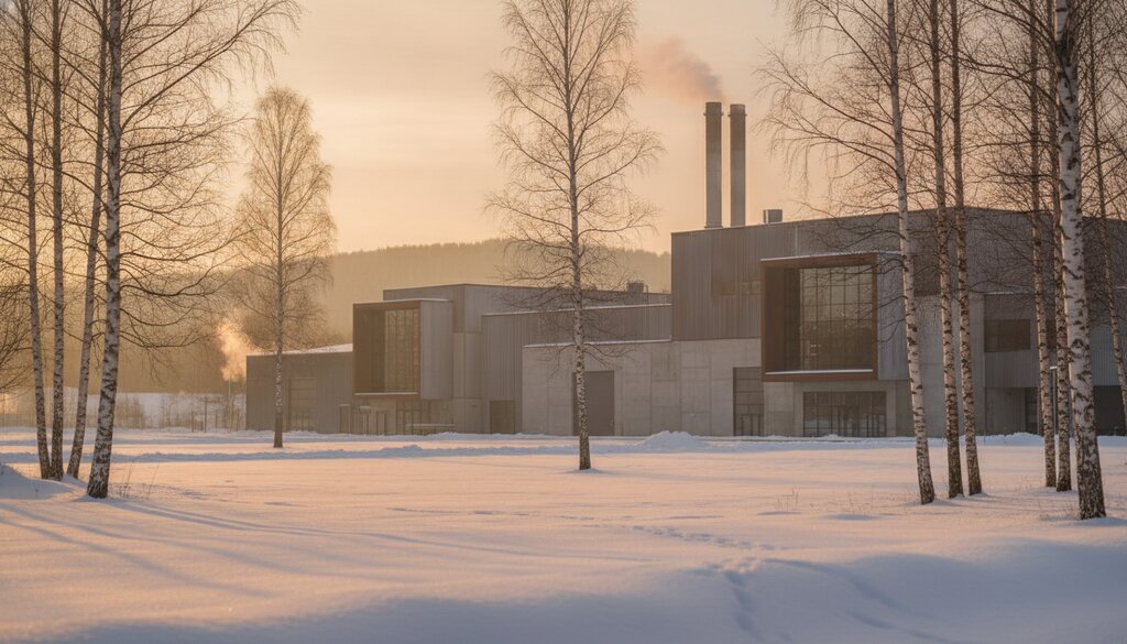 Industrieel complex tussen berken in een besneeuwd landschap bij zonsopkomst