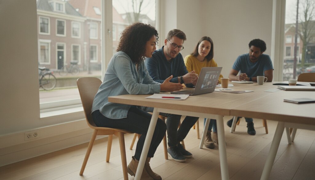Twee medewerkers overleggen bij een laptop in een kantoor
