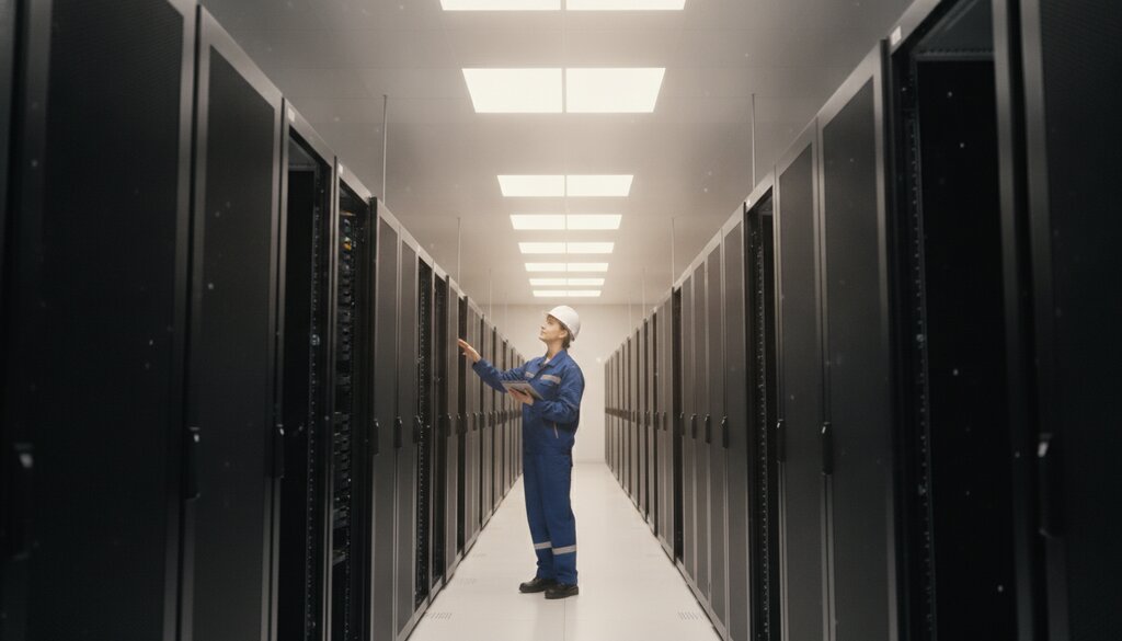 Technicus met helm controleert nieuwe serverrekken in een lichte serverhal