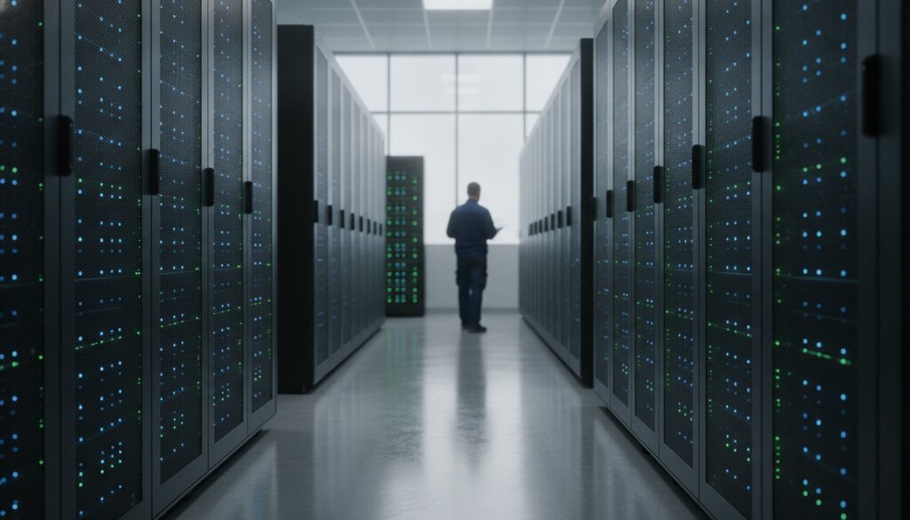Gang in een datacenter met serverracks en blauwe indicatorlampjes