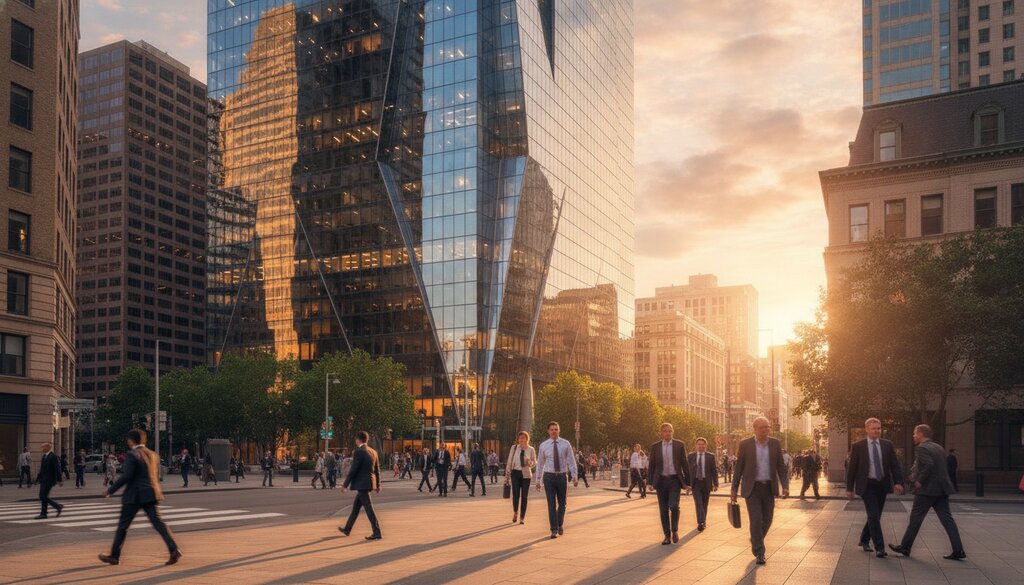 Kantoortoren in een financieel district bij zonsondergang met voorbijgangers