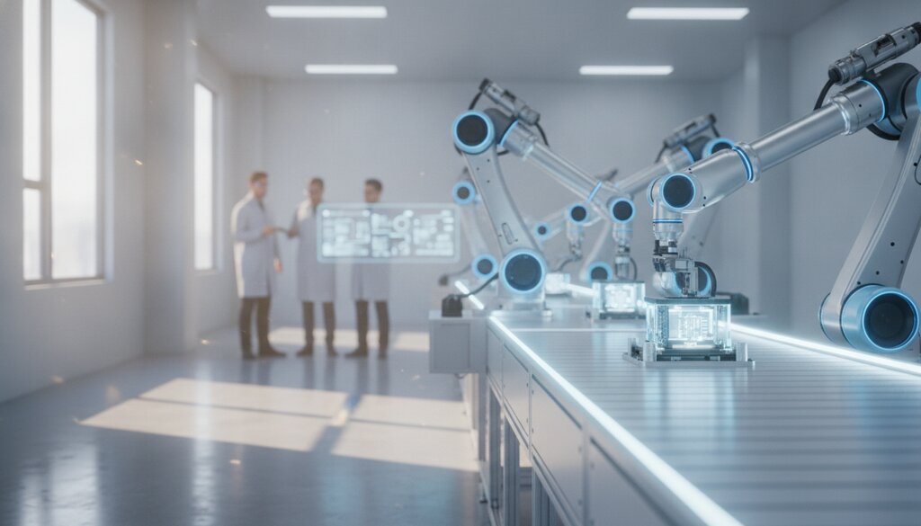 Robotarmen aan een assemblagelijn in een moderne fabriek