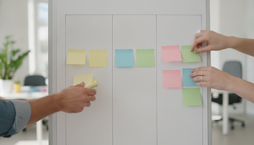 Twee collega's sorteren gekleurde notities in vaste kolommen op een whiteboard