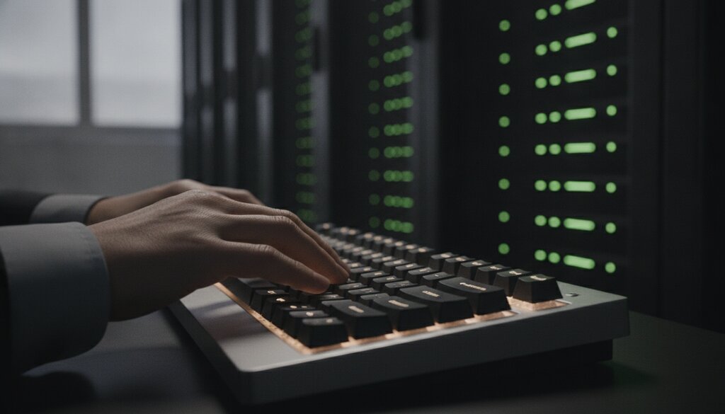 Handen typen op een toetsenbord in een serverruimte met rijen serverracks