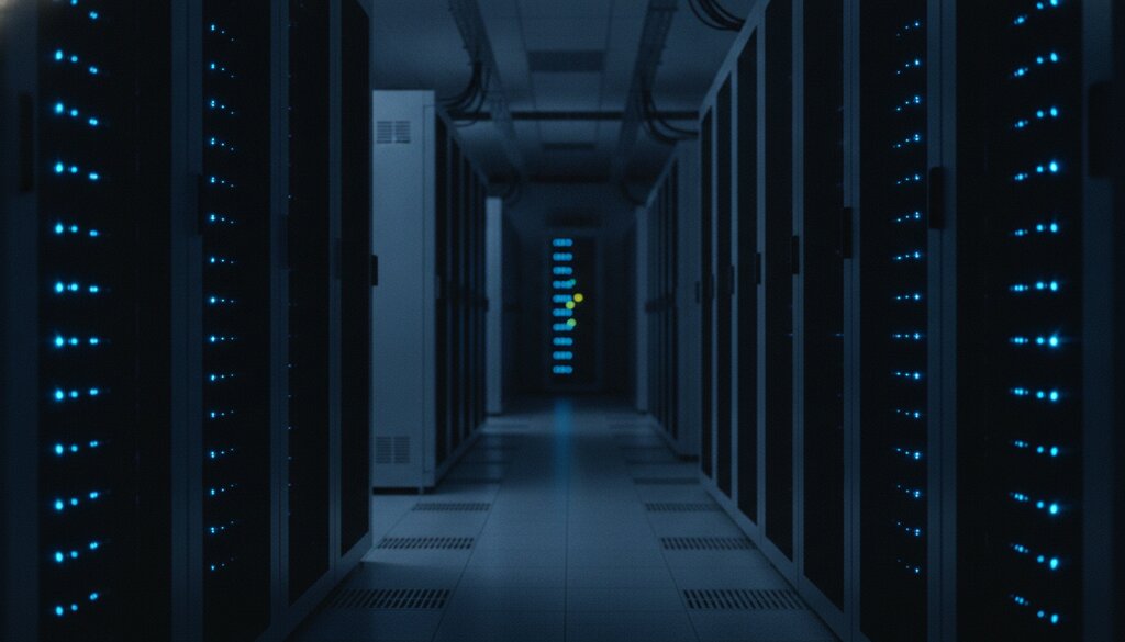Gang met serverracks in een datacenter, verwijzend naar het scrapen van online data voor AI