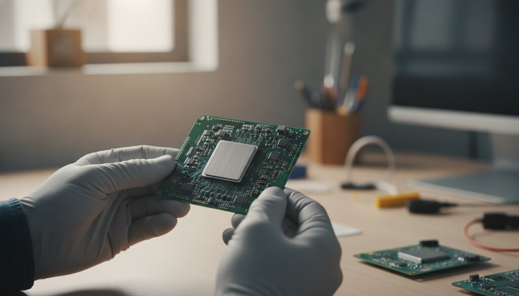 Technicus houdt een printplaat met een grote processorchip vast in een werkplaats