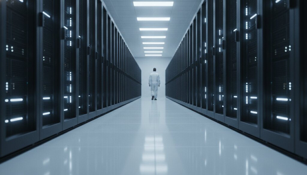 Serverhal met lange rijen serverracks en zachte blauwe indicatielampjes