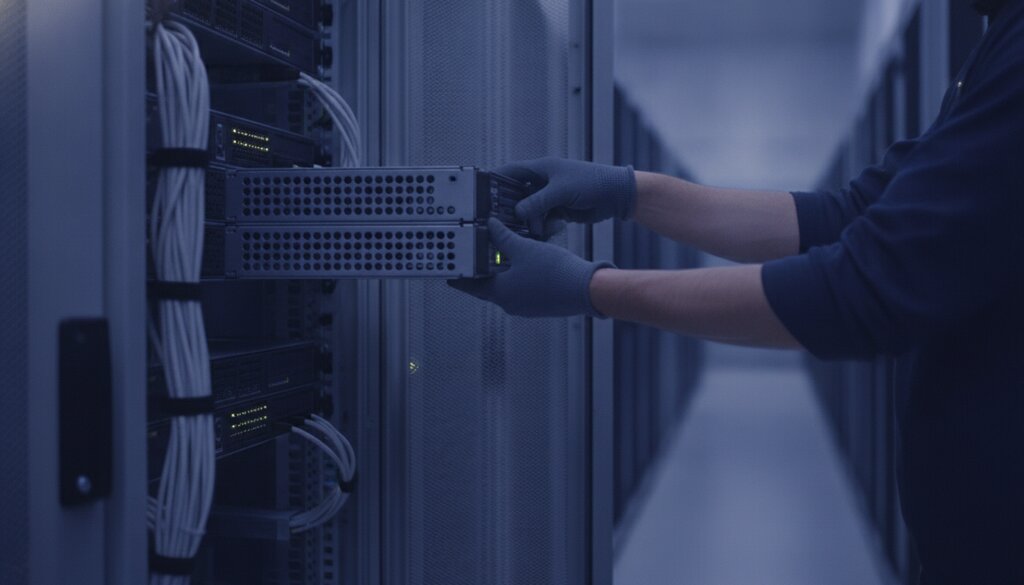 Technicus schuift een serverunit in een rack in een datacenter