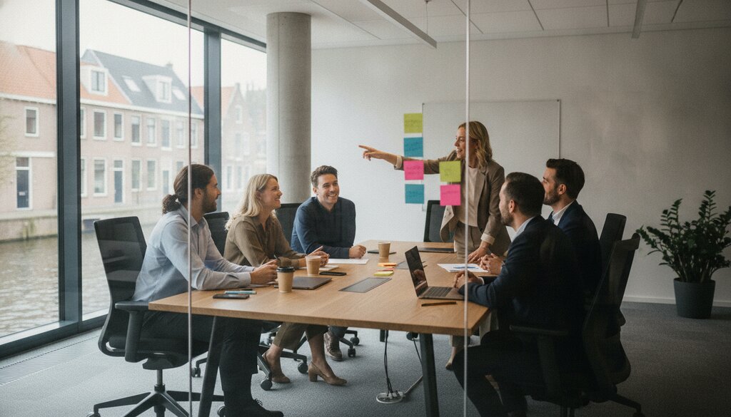 Team zet stappen van een werkproces op memobriefjes aan een glazen wand