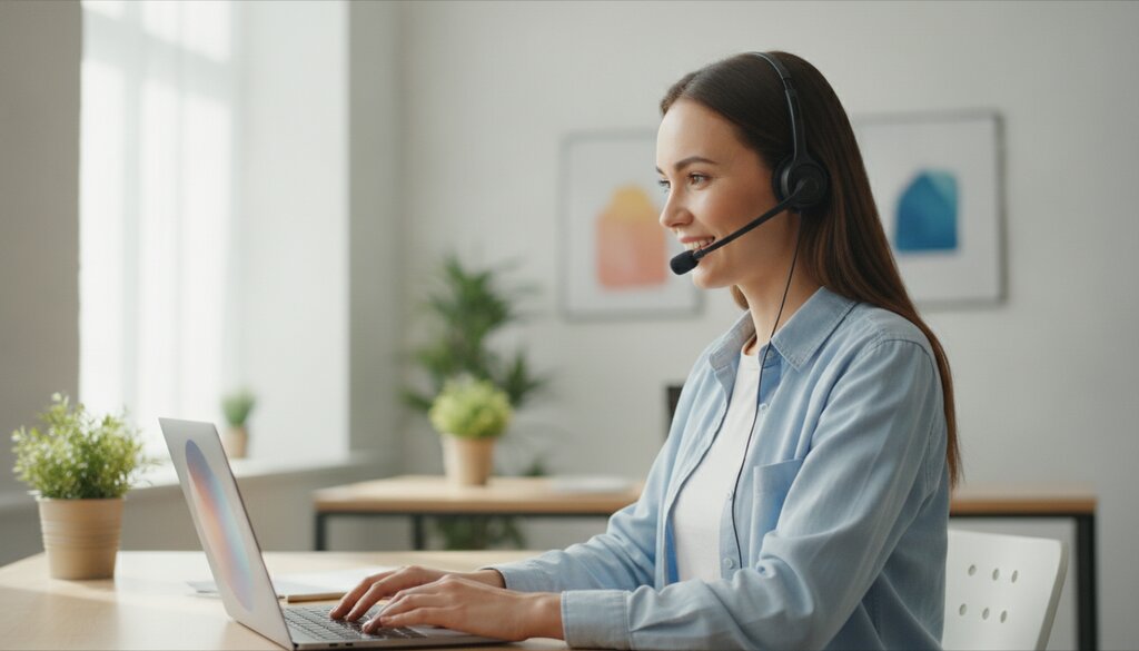 Klantenservicemedewerker met headset aan een laptop