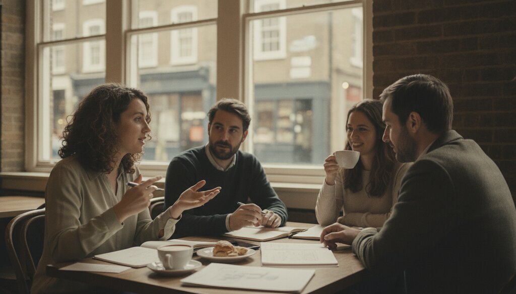 Drie oprichters en een investeerder overleggen met notitieboeken aan een cafetafel
