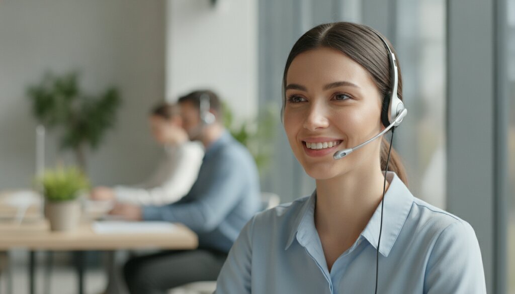 Klantenservicemedewerker met headset in een zonnig kantoor