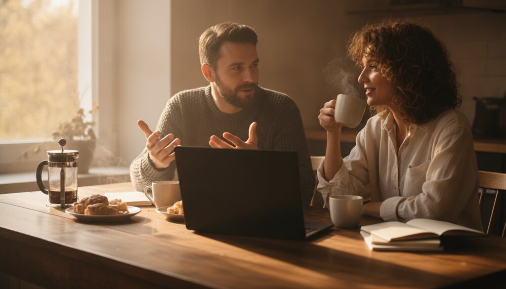 Twee mensen praten aan de keukentafel over politiek met een laptop tussen hen in