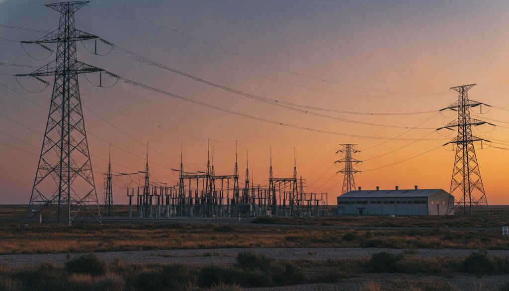 Hoogspanningsmasten en een verdeelstation bij een industrieterrein in de schemering