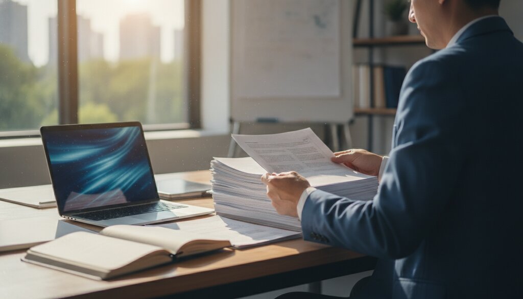 Beleidsmedewerker leest documenten naast een laptop in een licht kantoor