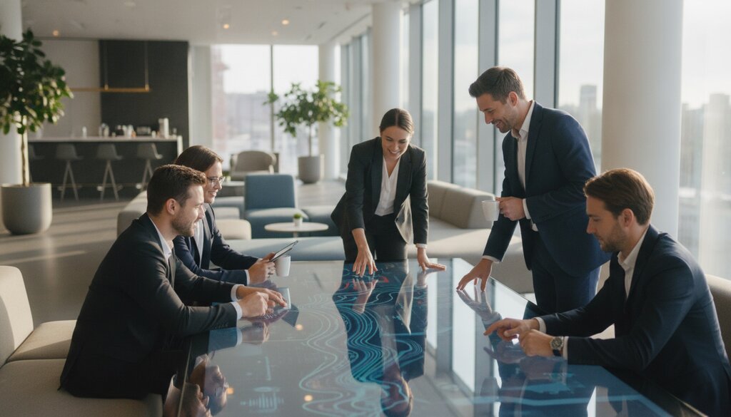 Collega's werken samen rond een touchscreentafel in een kantoor