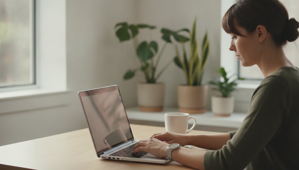Schrijver typt op een laptop in een lichte werkkamer