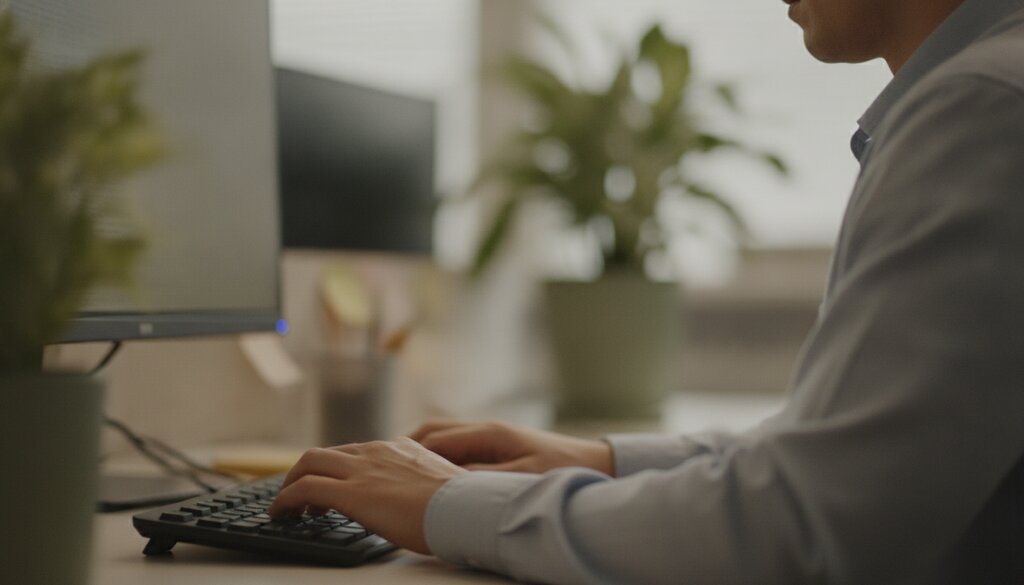Redacteur typt achter een toetsenbord in een rustige redactieruimte