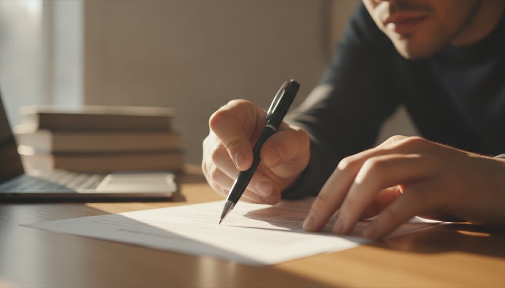Hand met pen die een gedrukt document controleert op fouten