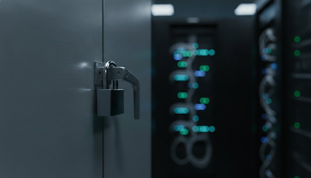 Zware vergrendelde serverkast als symbool voor beperkte toegang tot AI-modellen