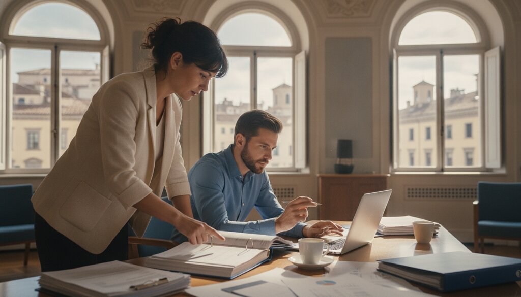 Twee beleidsmedewerkers bekijken documenten en een laptop in een licht kantoor