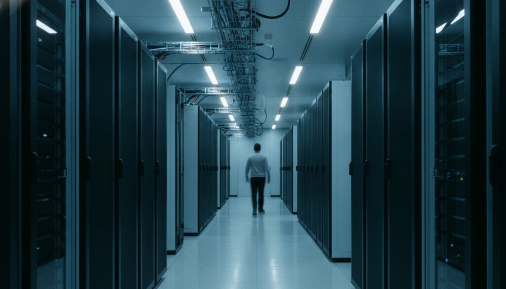 Gang tussen serverracks in een datacenter met koel blauw licht