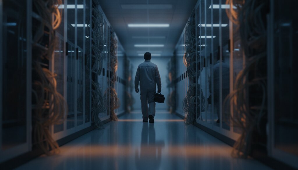 Technicus loopt door een gang met serverracks in een datacenter