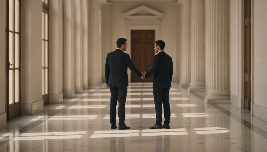 Twee diplomaten geven elkaar een hand in een marmeren gang