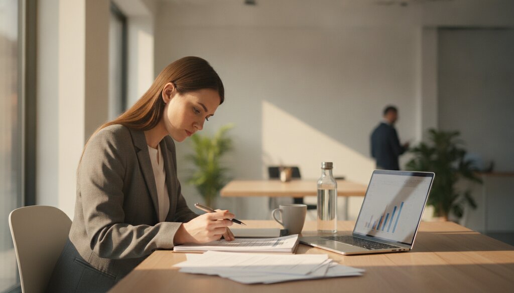 Professional bekijkt compliancedocumenten aan een bureau in een licht kantoor
