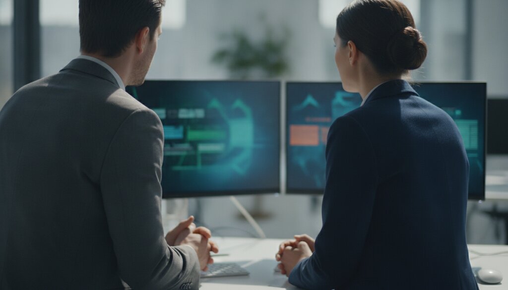 Twee IT-beveiligers bekijken samen de activiteit van AI-systemen op schermen